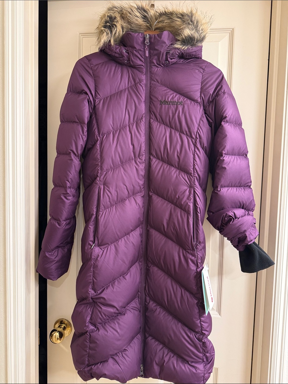 Marmot Girls' Purple Long Puffer Coat with Faux Fur Hood 700 filing